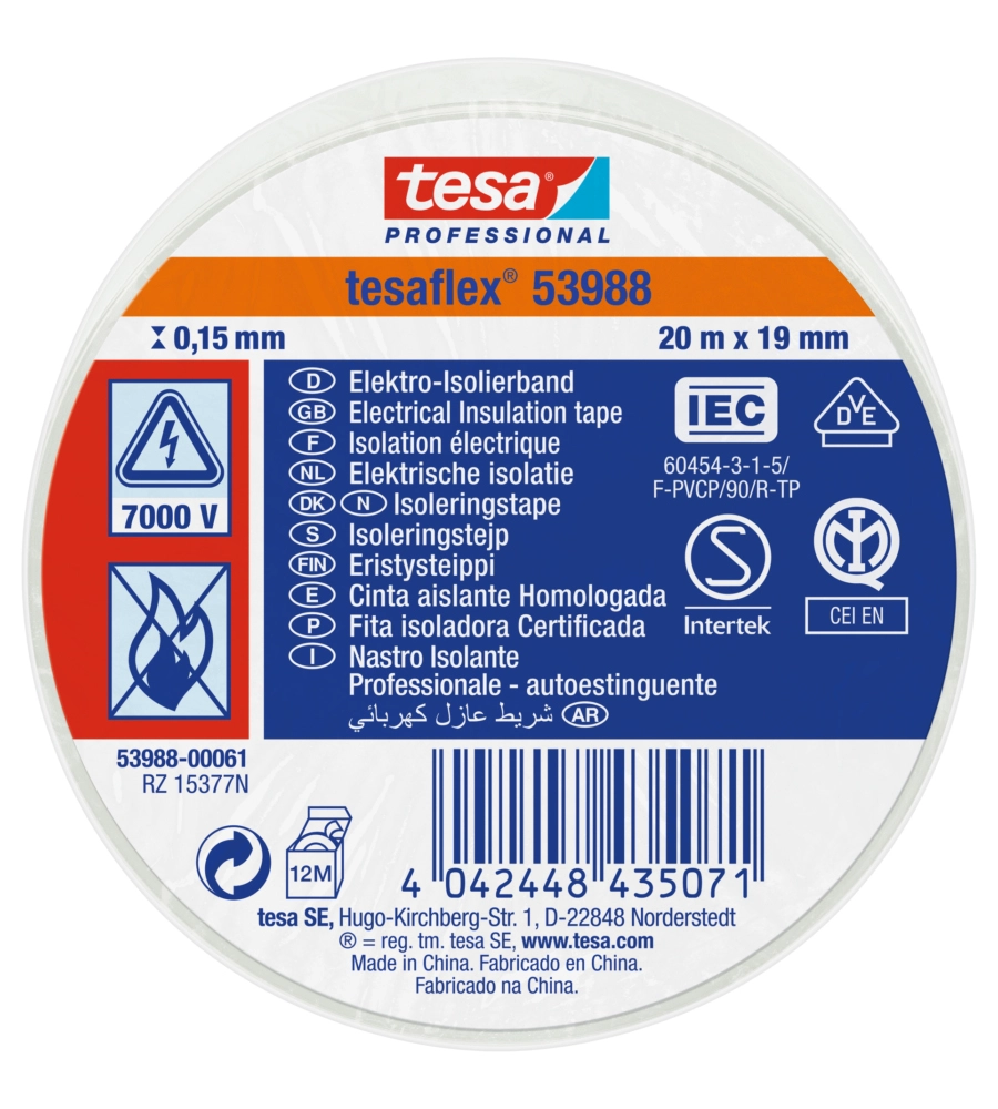 NASTRO ISOLANTE ELETTRICO IN PVC BIANCO, 19 MM X 20 MT - TESA